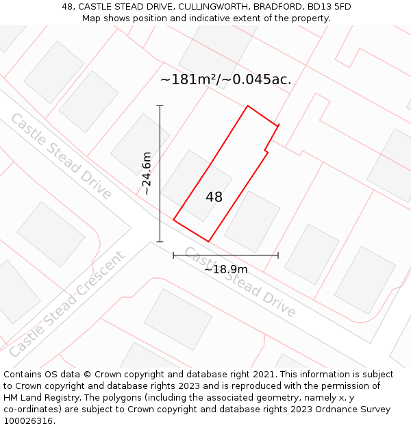 48, CASTLE STEAD DRIVE, CULLINGWORTH, BRADFORD, BD13 5FD: Plot and title map