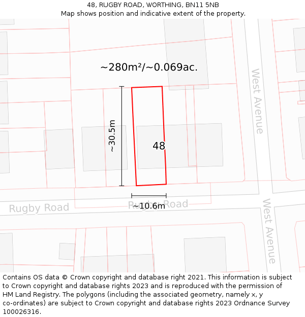 48, RUGBY ROAD, WORTHING, BN11 5NB: Plot and title map