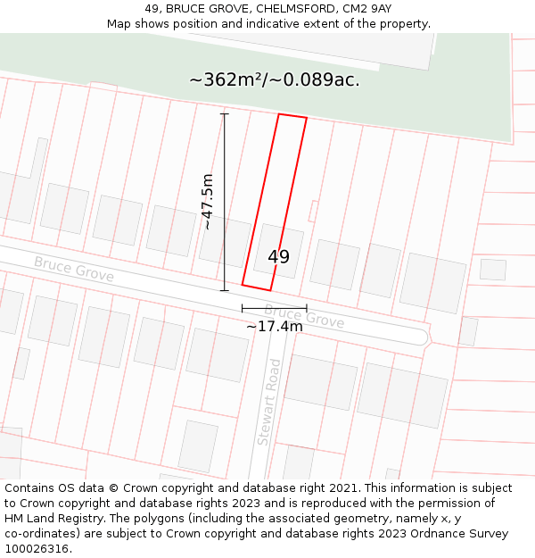 49, BRUCE GROVE, CHELMSFORD, CM2 9AY: Plot and title map