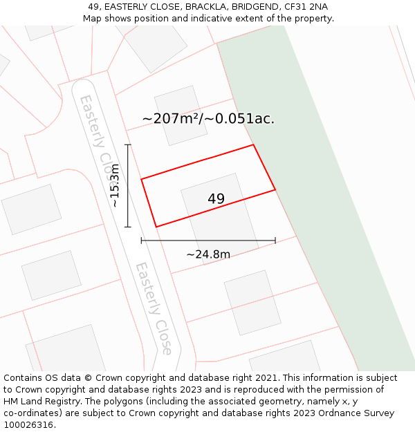 49, EASTERLY CLOSE, BRACKLA, BRIDGEND, CF31 2NA: Plot and title map