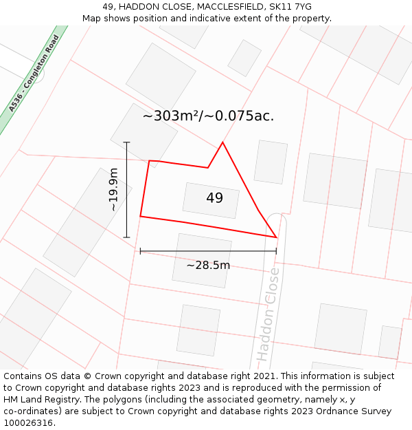 49, HADDON CLOSE, MACCLESFIELD, SK11 7YG: Plot and title map