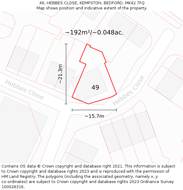 49, HEBBES CLOSE, KEMPSTON, BEDFORD, MK42 7FQ: Plot and title map