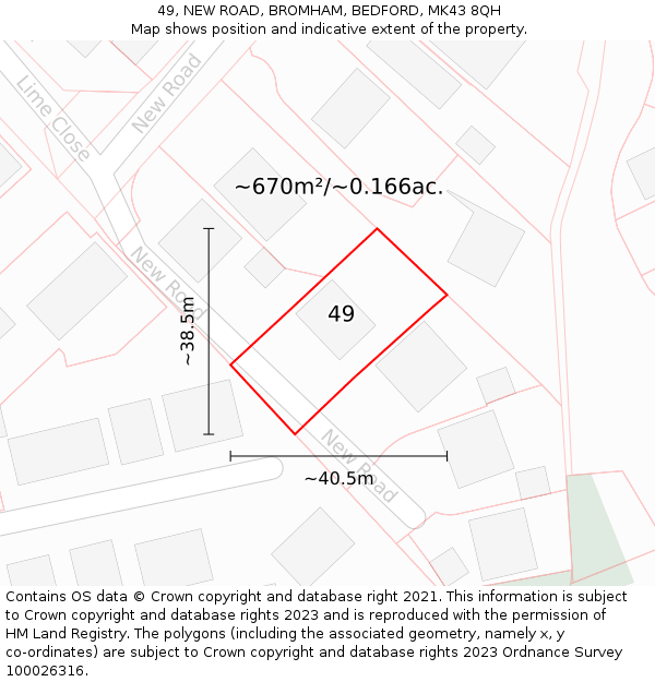 49, NEW ROAD, BROMHAM, BEDFORD, MK43 8QH: Plot and title map