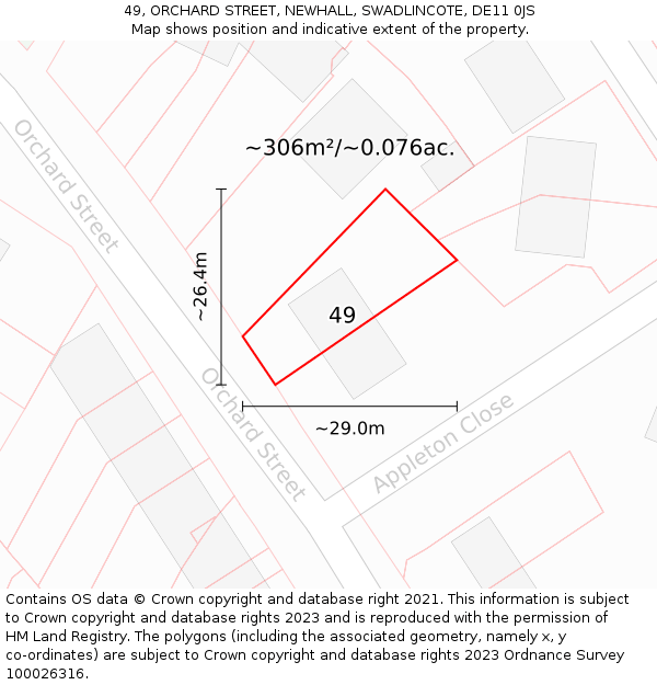 49, ORCHARD STREET, NEWHALL, SWADLINCOTE, DE11 0JS: Plot and title map
