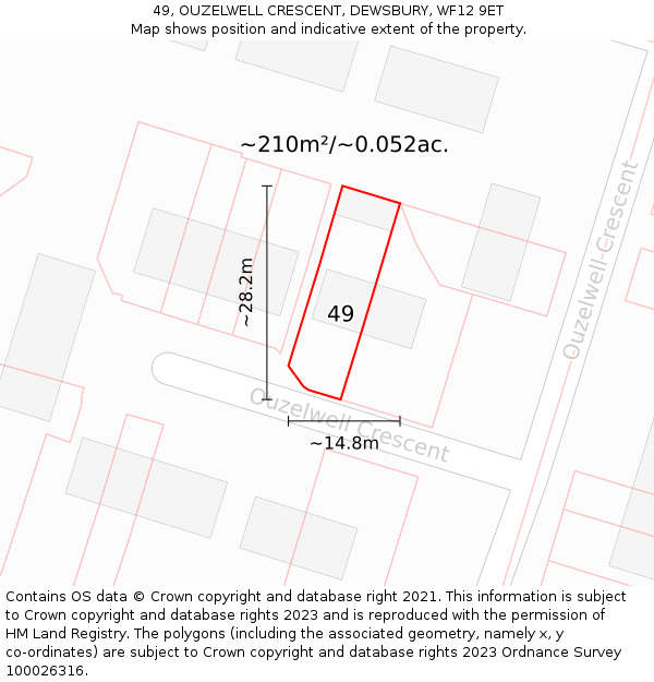 49, OUZELWELL CRESCENT, DEWSBURY, WF12 9ET: Plot and title map