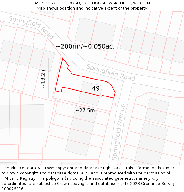49, SPRINGFIELD ROAD, LOFTHOUSE, WAKEFIELD, WF3 3FN: Plot and title map
