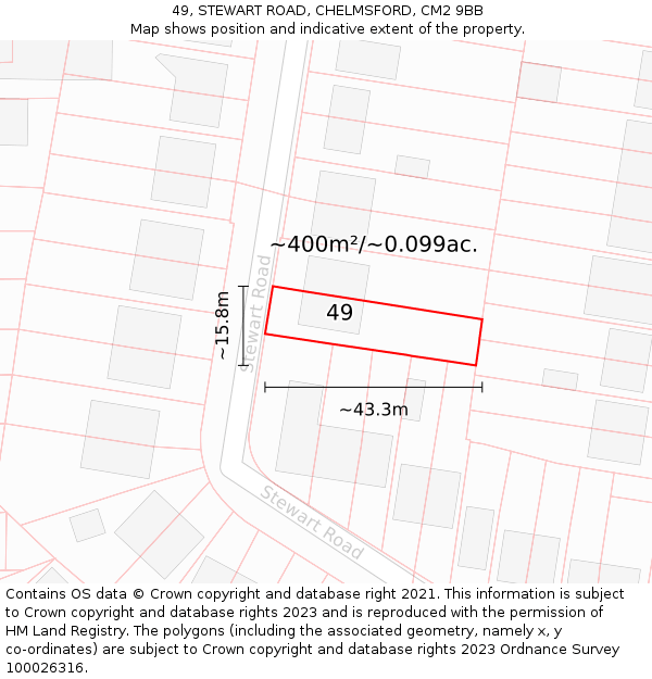 49, STEWART ROAD, CHELMSFORD, CM2 9BB: Plot and title map