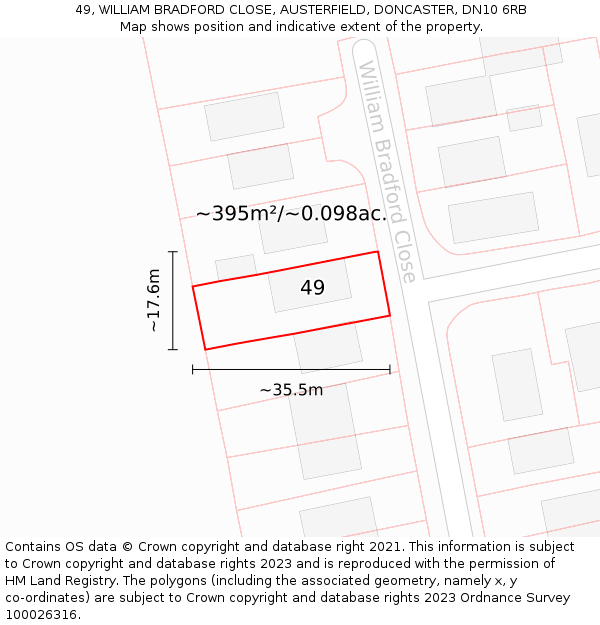 49, WILLIAM BRADFORD CLOSE, AUSTERFIELD, DONCASTER, DN10 6RB: Plot and title map