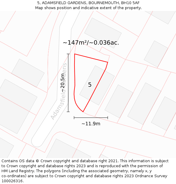 5, ADAMSFIELD GARDENS, BOURNEMOUTH, BH10 5AF: Plot and title map