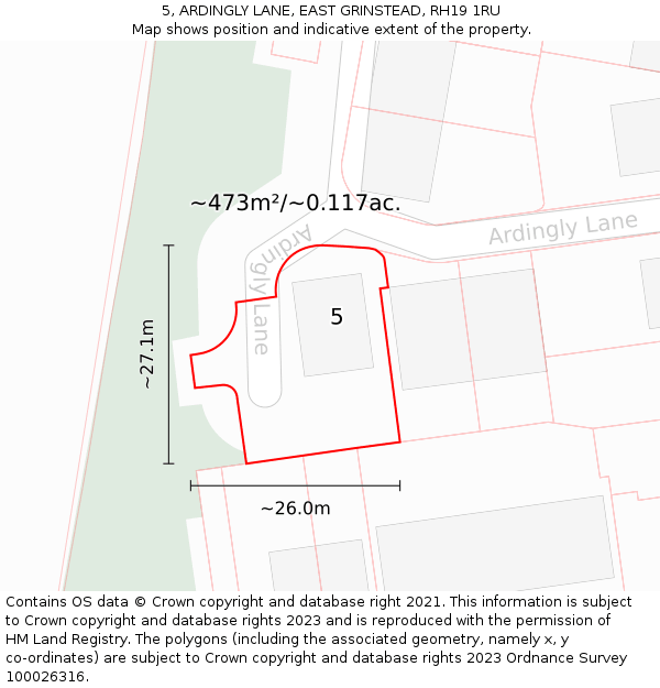 5, ARDINGLY LANE, EAST GRINSTEAD, RH19 1RU: Plot and title map