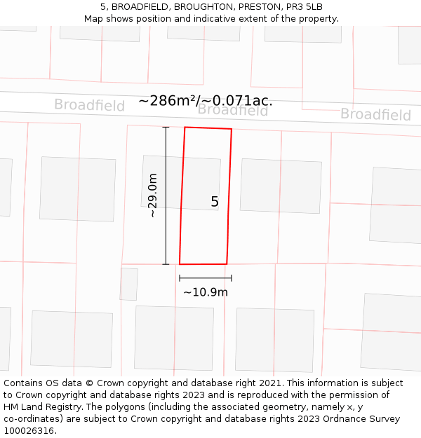 5, BROADFIELD, BROUGHTON, PRESTON, PR3 5LB: Plot and title map