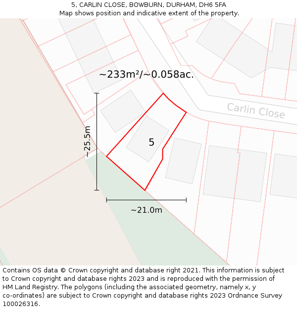 5, CARLIN CLOSE, BOWBURN, DURHAM, DH6 5FA: Plot and title map