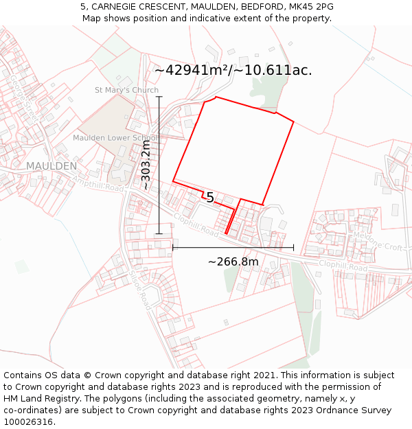 5, CARNEGIE CRESCENT, MAULDEN, BEDFORD, MK45 2PG: Plot and title map