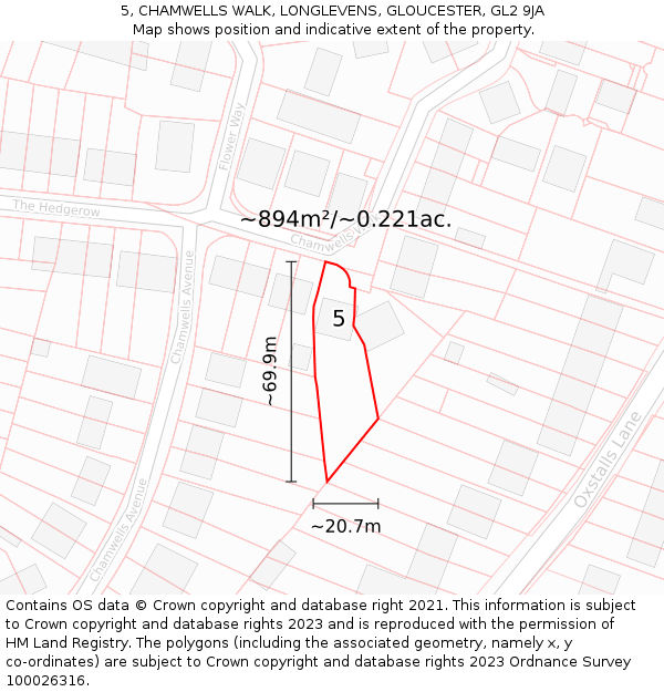 5, CHAMWELLS WALK, LONGLEVENS, GLOUCESTER, GL2 9JA: Plot and title map