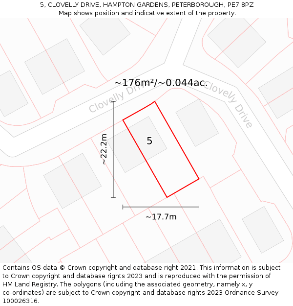 5, CLOVELLY DRIVE, HAMPTON GARDENS, PETERBOROUGH, PE7 8PZ: Plot and title map