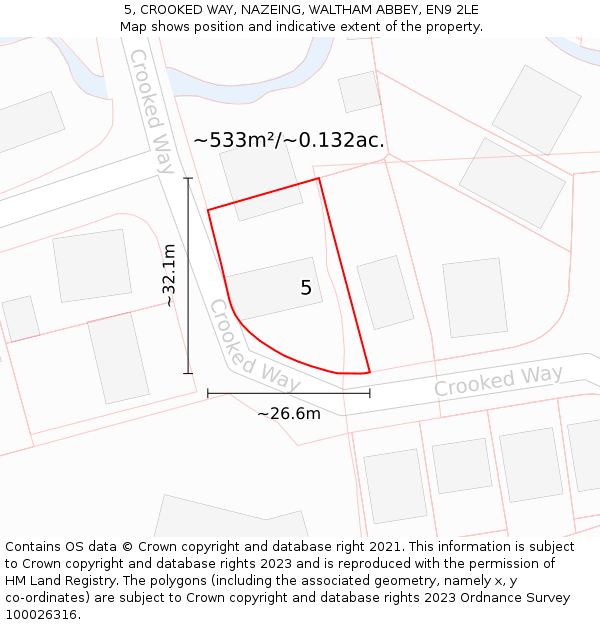 5, CROOKED WAY, NAZEING, WALTHAM ABBEY, EN9 2LE: Plot and title map