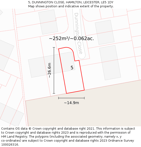 5, DUNNINGTON CLOSE, HAMILTON, LEICESTER, LE5 1DY: Plot and title map