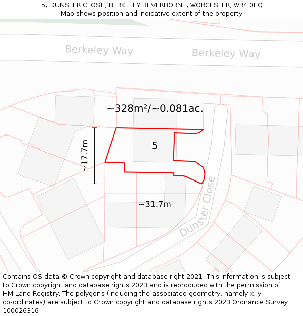 5, DUNSTER CLOSE, BERKELEY BEVERBORNE, WORCESTER, WR4 0EQ: Plot and title map