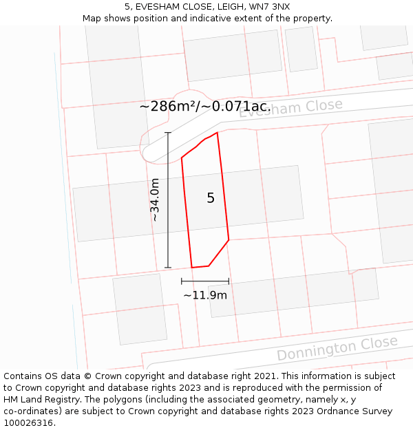 5, EVESHAM CLOSE, LEIGH, WN7 3NX: Plot and title map
