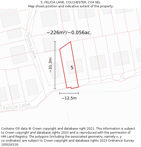 5, FELICIA LANE, COLCHESTER, CO4 6EL: Plot and title map