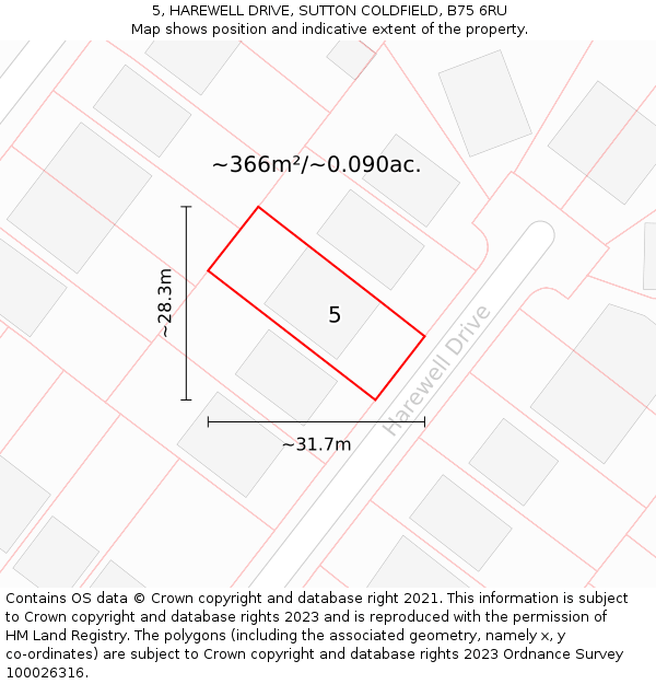 5, HAREWELL DRIVE, SUTTON COLDFIELD, B75 6RU: Plot and title map