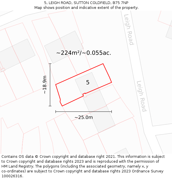 5, LEIGH ROAD, SUTTON COLDFIELD, B75 7NP: Plot and title map
