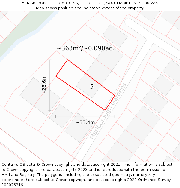 5, MARLBOROUGH GARDENS, HEDGE END, SOUTHAMPTON, SO30 2AS: Plot and title map