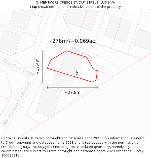 5, MENTMORE CRESCENT, DUNSTABLE, LU6 3NW: Plot and title map