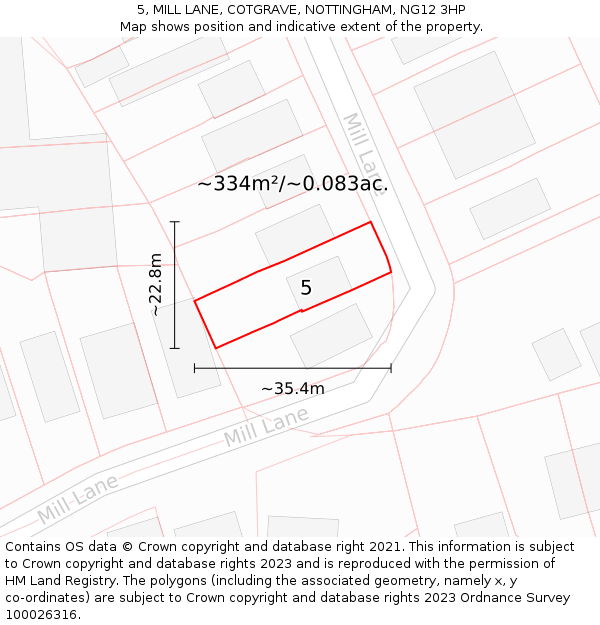 5, MILL LANE, COTGRAVE, NOTTINGHAM, NG12 3HP: Plot and title map