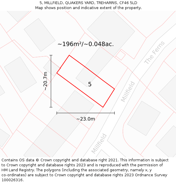5, MILLFIELD, QUAKERS YARD, TREHARRIS, CF46 5LD: Plot and title map