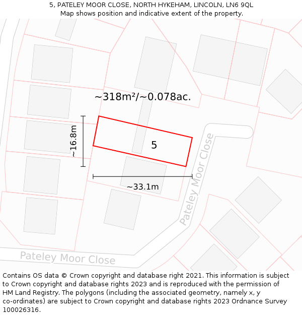 5, PATELEY MOOR CLOSE, NORTH HYKEHAM, LINCOLN, LN6 9QL: Plot and title map