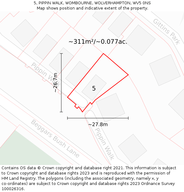 5, PIPPIN WALK, WOMBOURNE, WOLVERHAMPTON, WV5 0NS: Plot and title map