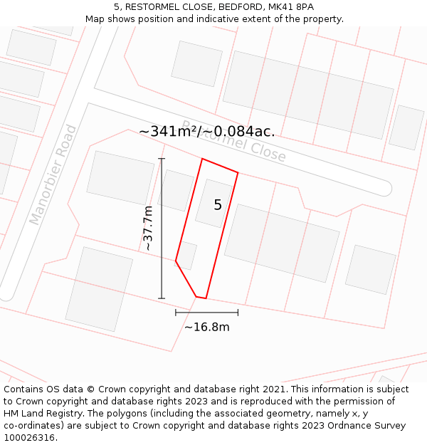 5, RESTORMEL CLOSE, BEDFORD, MK41 8PA: Plot and title map