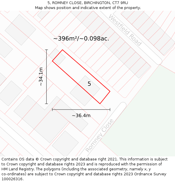 5, ROMNEY CLOSE, BIRCHINGTON, CT7 9RU: Plot and title map