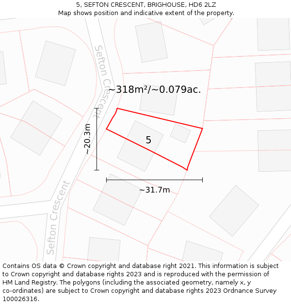5, SEFTON CRESCENT, BRIGHOUSE, HD6 2LZ: Plot and title map