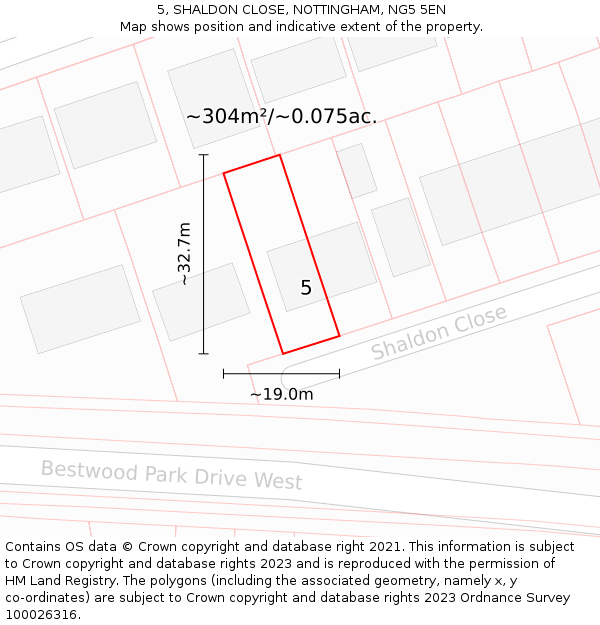 5, SHALDON CLOSE, NOTTINGHAM, NG5 5EN: Plot and title map