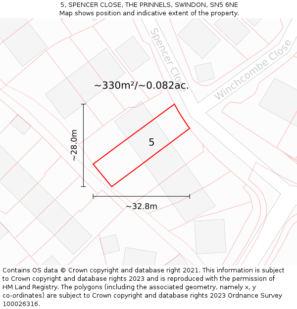 5, SPENCER CLOSE, THE PRINNELS, SWINDON, SN5 6NE: Plot and title map