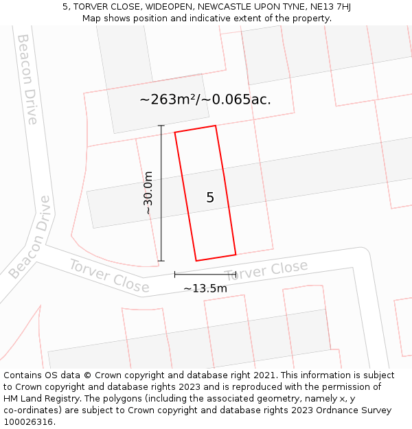 5, TORVER CLOSE, WIDEOPEN, NEWCASTLE UPON TYNE, NE13 7HJ: Plot and title map