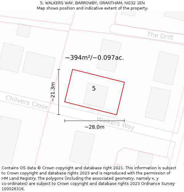 5, WALKERS WAY, BARROWBY, GRANTHAM, NG32 1EN: Plot and title map