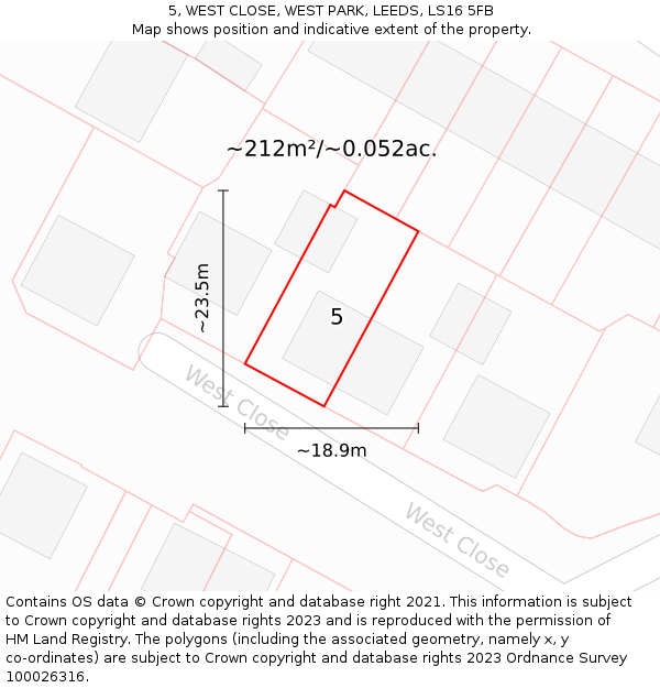 5, WEST CLOSE, WEST PARK, LEEDS, LS16 5FB: Plot and title map
