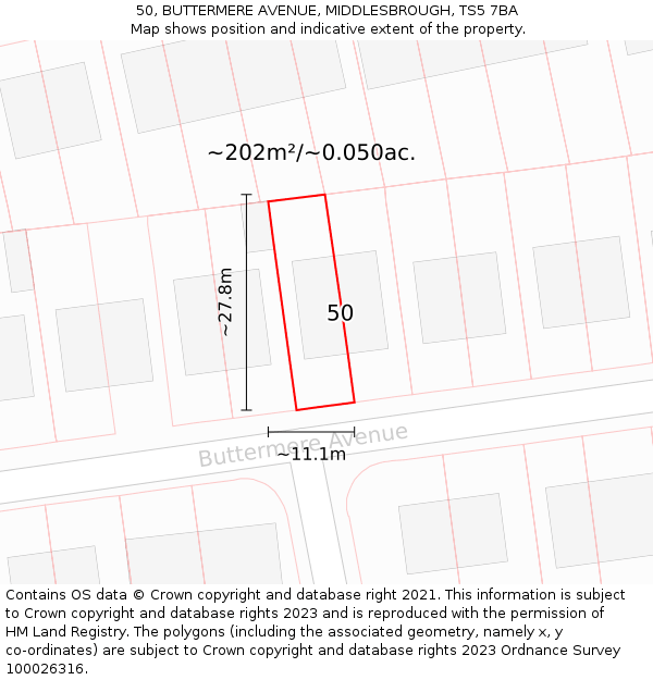 50, BUTTERMERE AVENUE, MIDDLESBROUGH, TS5 7BA: Plot and title map