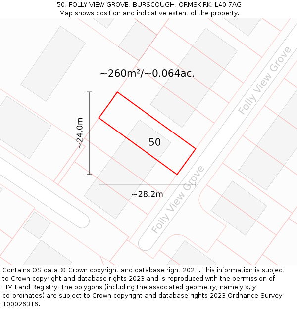 50, FOLLY VIEW GROVE, BURSCOUGH, ORMSKIRK, L40 7AG: Plot and title map