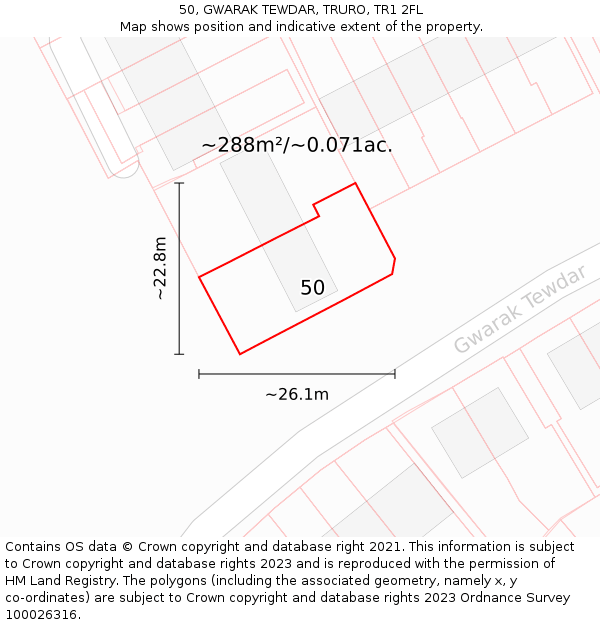 50, GWARAK TEWDAR, TRURO, TR1 2FL: Plot and title map