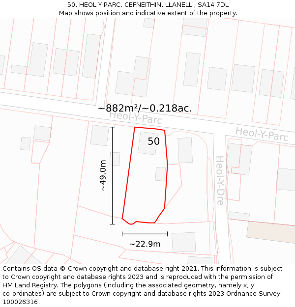 50, HEOL Y PARC, CEFNEITHIN, LLANELLI, SA14 7DL: Plot and title map