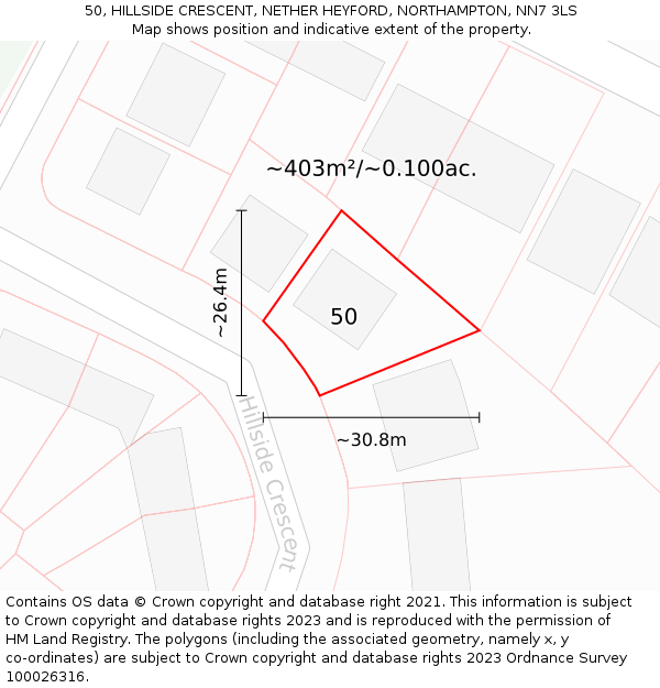 50, HILLSIDE CRESCENT, NETHER HEYFORD, NORTHAMPTON, NN7 3LS: Plot and title map