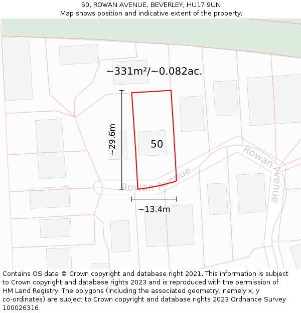 50, ROWAN AVENUE, BEVERLEY, HU17 9UN: Plot and title map