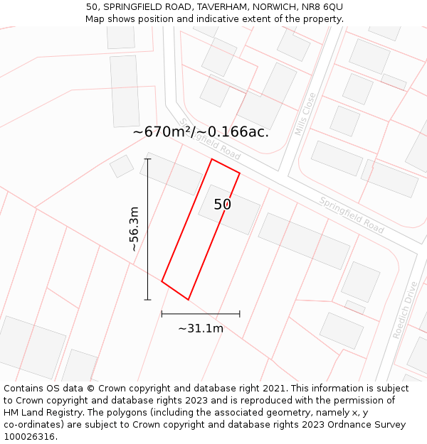 50, SPRINGFIELD ROAD, TAVERHAM, NORWICH, NR8 6QU: Plot and title map