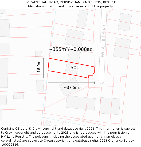 50, WEST HALL ROAD, DERSINGHAM, KING'S LYNN, PE31 6JF: Plot and title map
