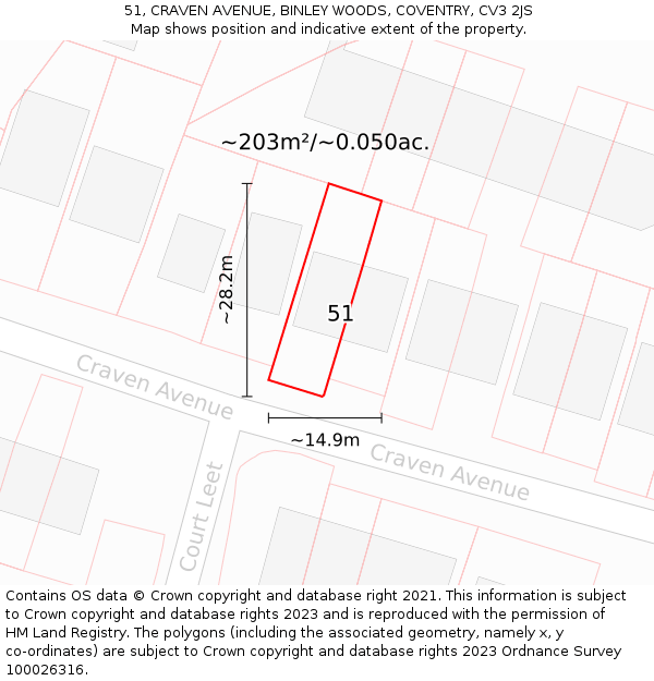 51, CRAVEN AVENUE, BINLEY WOODS, COVENTRY, CV3 2JS: Plot and title map