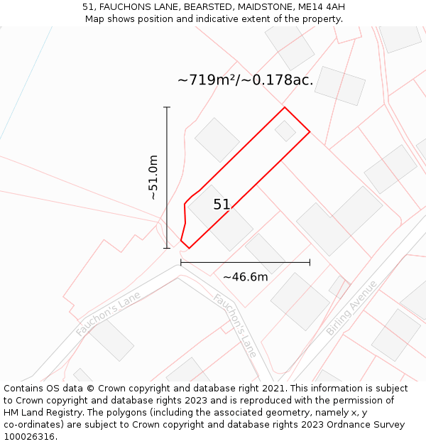 51, FAUCHONS LANE, BEARSTED, MAIDSTONE, ME14 4AH: Plot and title map